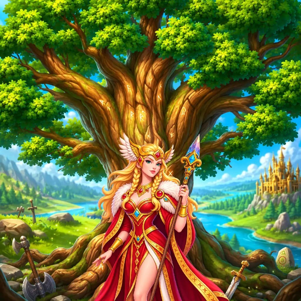 Frigg frente a Yggdrasil en el arte principal de Odin's Blessing
